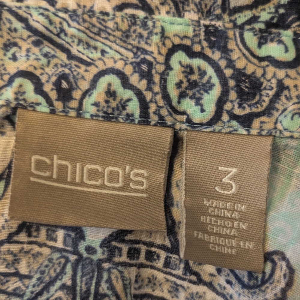 Chico's Teal and Navy Paisley Button Up EUC Sz3 = L - Picture 2 of 8